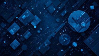 Trendy blue technical shapes on black metallic perforated technology vector header banner