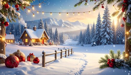 Winter wonderland scene with snowy cabin, trees, and garland