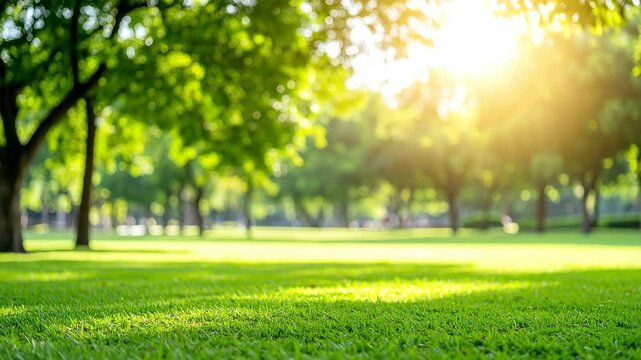 Sunlight shines through green foliage and branches of trees over lush grassy park lawn in springtime