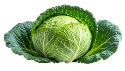 Close-up of a vibrant green cabbage head, isolated on a black background, fresh and ripe