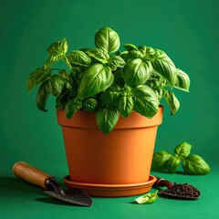 Fototapeta premium Fresh basil plant in terracotta pot, gardening tools