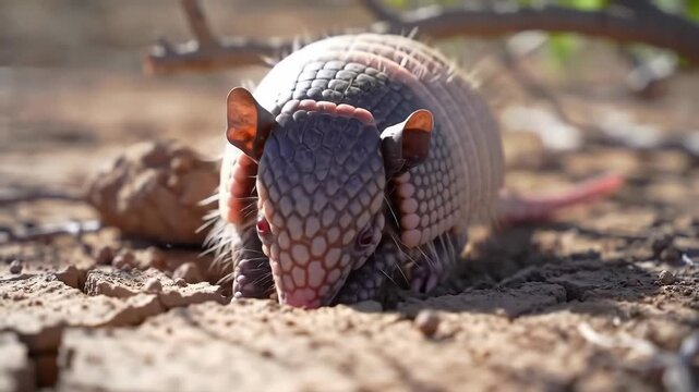Small mammal with protective bony plates digging in dry earth