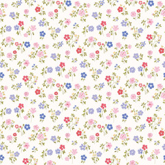 Cute Floral pattern in the small flower. Floral ditsy print. Gentle flower seamless pattern. Pretty mini plant on blue field. Botanical design textile texture. Tiny colorful flowers on light backgroun