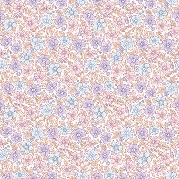 Cute flower pattern in small design. Small blue purple flowers on light color background. Ditsy floral seamless pattern. Pretty ditsy print. liberty style, design for fashion, fabric, wallpaper