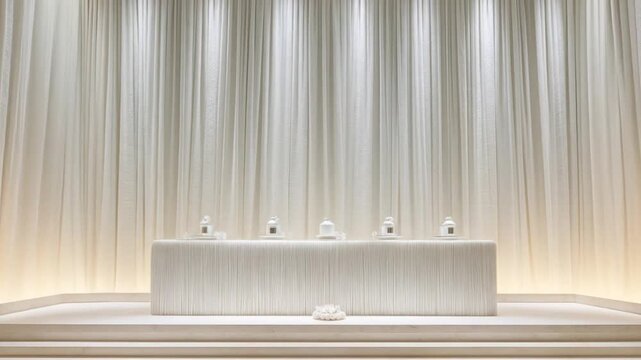 A serene interior scene featuring a white stage with small objects and a textured backdrop of drapes