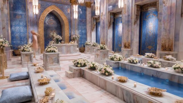 Interior view of ornate architecture, featuring marble surfaces, floral arrangements, and decorative accents