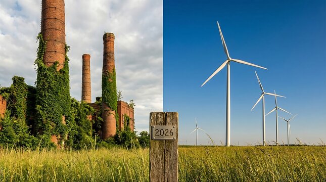 Energy Transition Concept Showing Shift From Fossil Fuel Industry to Renewable Wind Power