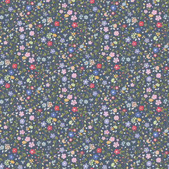 Cute Floral pattern in the small flower. Floral ditsy print. Gentle flower seamless pattern. Pretty mini plant on blue field. Botanical design textile texture. Tiny colorful flowers on blue background