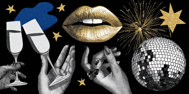 A Glamorous Celebration of Joy and Elegance Featuring Shimmering Disco Balls, Toasting Glasses, and Bold Golden Lips Against a Festive Backdrop