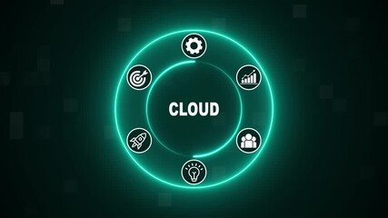Neon Circle Diagram with Icons Representing Cloud concept with Digital Icons Illustrating Modern Technology Applications in Business and Industry. Business, Technology, Internet and network concept.