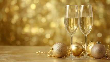 Champagne glasses and baubles on golden background
