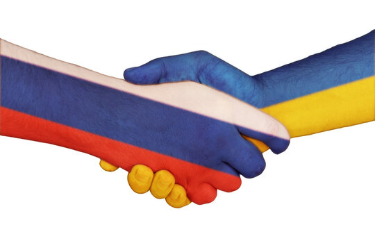 Russia and Ukraine flag painted hands shaking, peace and ceasefire concept. - Powered by Adobe