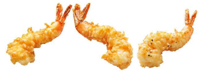 Deep fried shrimps tempura in golden batter, isolated on white background, concept of Japanese cuisine delicacy