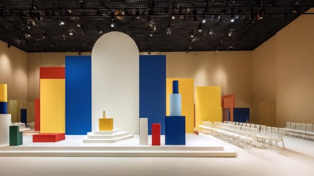 A stage scene featuring colorful geometric shapes, a large white arch, and seating arrangement
