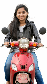 Beautiful Indian college girl on scooty on white background