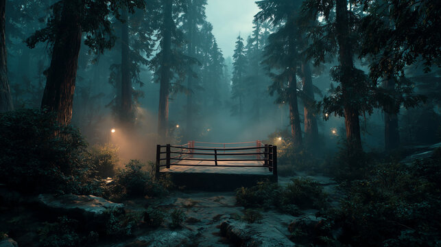 Martial art stage with spotlight around the stage in the middle of black forest , action background image.