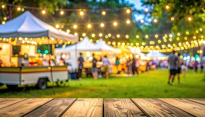 Evening outdoor market with bright string lights, blurred