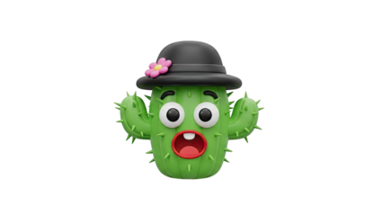 Surprised Cartoon Cactus Character Wearing a Bowler Hat with a Flower