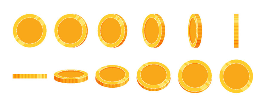 Set of rotating gold coin icons shown at different angles. Flat vector illustration of golden coins isolated on white background, ideal for animation frames, UI elements, and finance designs.