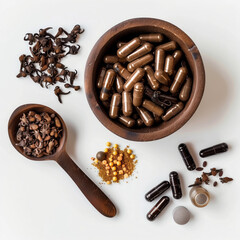 Haritaki Capsules filled in bowl, spoon placed near bowl