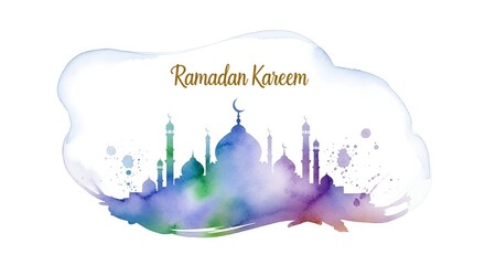Elegant Watercolor Mosque Silhouette Design with 'Ramadan Kareem' Calligraphy, Perfect for Islamic Holy Month Celebrations and Greetings