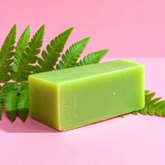 Green soap bar with fern fronds on a pink backdrop