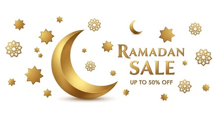 Ramadan Sale Up to 50% Off Festive Islamic Golden Crescent Moon and Stars Decorative Background