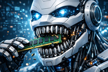 Futuristic AI humanoid robot devouring RAM memory modules, sparks and neon blue glow in a data center. Cyberpunk 3D render, close-up, high detail, dramatic lighting, computing power concept.