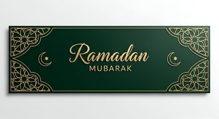 Elegant Ramadan Mubarak banner with Islamic geometric patterns and crescent moons on a deep green background, celebrating the holy month