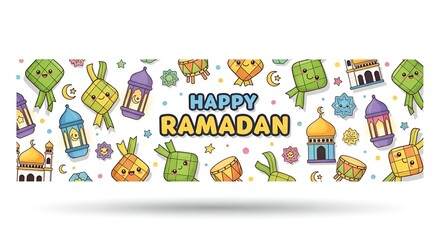 Cute Kawaii Characters Celebrating Ramadan with Festive Decorations, Lanterns, and Mosque Elements