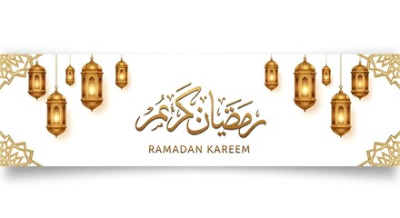 Ramadan Kareem banner with intricate lanterns and Islamic geometric patterns, symbolizing the holy month