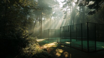 Tennis courts surrounded by tall trees and morning light in a forest location