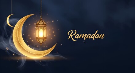 Luminous golden crescent moon and glowing ornate lantern against a serene dark night sky, symbolizing spiritual reflection and cultural celebration