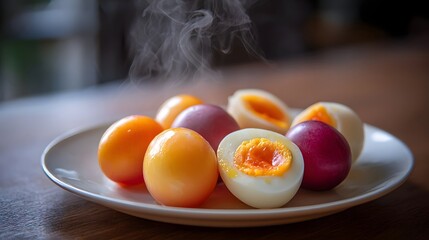 Colorful boiled eggs with steam rising from a white plate on a wooden table