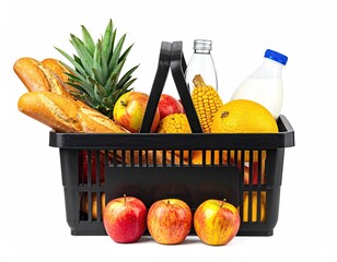 A black basket brimming with groceries, vibrant and fresh