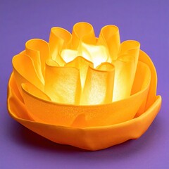 Glowing, orange, flower-like lamp on a purple surface
