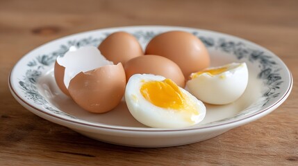 Boiled eggs some halved and some whole with cracked shells on a decorative plate on a wooden surface