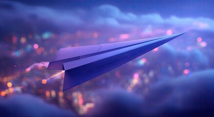 A purple paper airplane flies through a cloudy, illuminated night cityscape