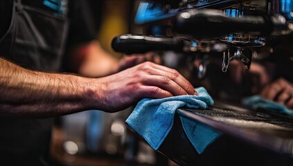 Close-up of barista hands cleaning a professional espresso machine with a cloth