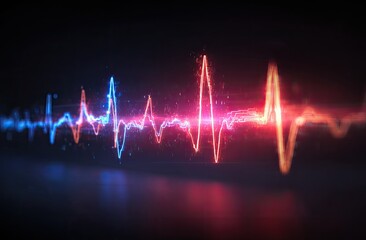 Vibrant sound wave visualization in red and blue, pulsing with energy