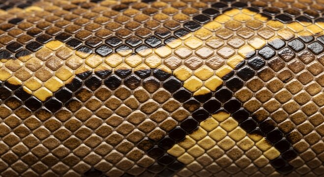 Close-up of python skin texture with yellow and brown patterns  