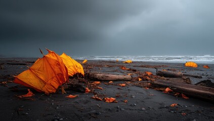 Orange umbrellas scattered on a dark, stormy beach with driftwood
