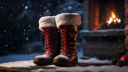Festive Christmas scene with Santa boots stuck in a snowy chimney, creating a playful winter holiday atmosphere at night.