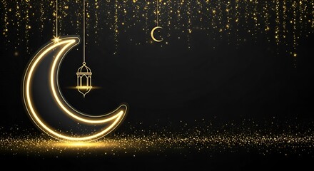 Luminous golden crescent moon with sparkling glitter and a hanging traditional lantern against a dark background, creating an elegant and festive atmosphere for holiday celebrations