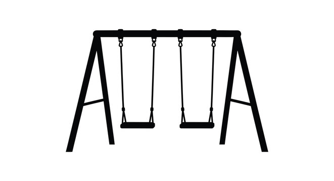 A simple depiction of a playground swing set with three swings presented as a silhouette