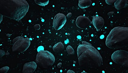 Dark void filled with floating rocky objects and glowing cyan specks