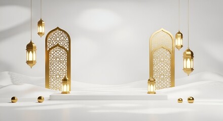 Ramadan Kareem A Glorious Celebration with Islamic Lanterns and Geometric Arches on a White Podium