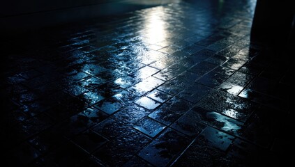 Shiny, wet tiled floor reflects dim, diffused light in dark