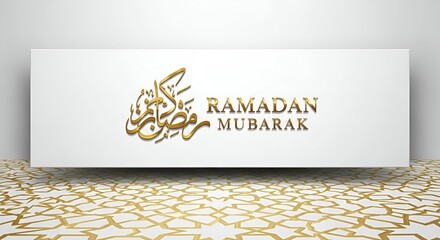 Golden Ramadan Mubarak calligraphy on a pristine white banner, complemented by intricate Islamic pattern, ideal for holy month greetings and festive celebrations