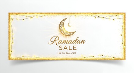 Elegant Ramadan Sale Banner with Golden Glitter Frame and Islamic Crescent Moon for Festive Shopping Discounts